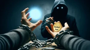 A person whose hands are chained reaching for a coin labeled "Relief Fee," with a dark, hooded figure looming in the background, representing the scammer behind debt consolidation fraud.
