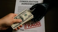 A consumer's hand giving cash to a black-gloved hand over a "Consolidation Agreement" stamped with FRAUD, symbolizing the advance fee trap of debt consolidation fraud.