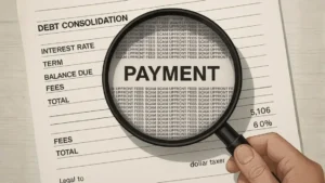 A magnifying glass highlighting the hidden upfront fees and "SCAM" details buried within a debt consolidation contract, warning consumers about debt consolidation fraud.