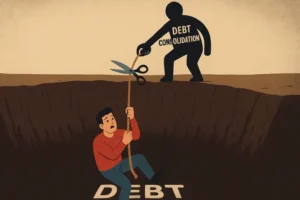 A man climbing out of a "DEBT" pit using a rope, while a silhouette labeled "Debt Consolidation" cuts the rope with scissors, illustrating how debt consolidation fraud makes debt worse.