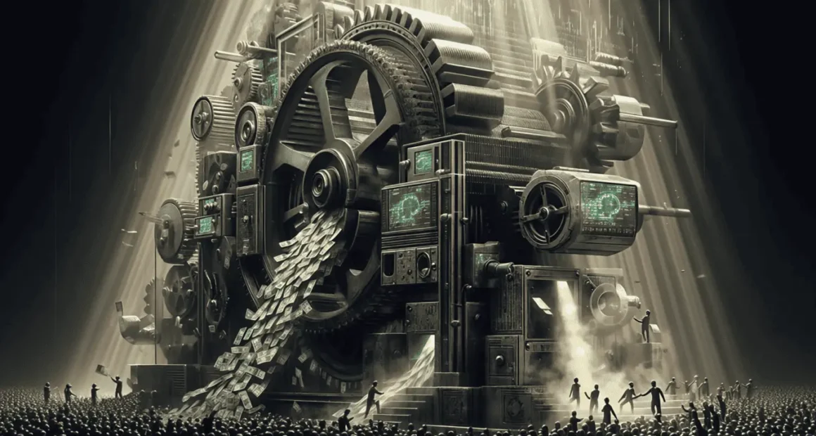 A symbolic depiction of Forex trading scams, showing a massive, complex machine churning out money to a hopeful crowd, representing the false promises of easy wealth.