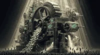 A symbolic depiction of Forex trading scams, showing a massive, complex machine churning out money to a hopeful crowd, representing the false promises of easy wealth.