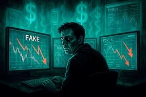 A victim of Forex trading scams looks in horror at multiple screens displaying fake Forex charts with crashing markets, illustrating the financial devastation caused by fraudulent courses