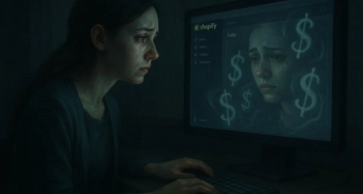 A woman staring at a Shopify dashboard with tears in her eyes, reflecting financial losses caused by dropshipping course frauds.