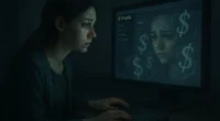 A woman staring at a Shopify dashboard with tears in her eyes, reflecting financial losses caused by dropshipping course frauds.