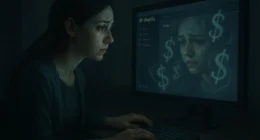 A woman staring at a Shopify dashboard with tears in her eyes, reflecting financial losses caused by dropshipping course frauds.