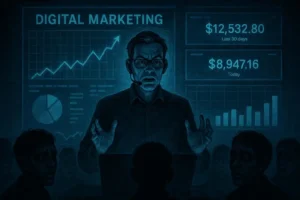 A self-proclaimed marketing guru presenting fake success charts to a shadowy audience, symbolizing dropshipping course frauds and false promises.