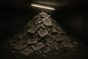 “Dark cinematic image showing a mountain of refund request papers from fake dropshipping courses — a visual metaphor for dropshipping course frauds.”