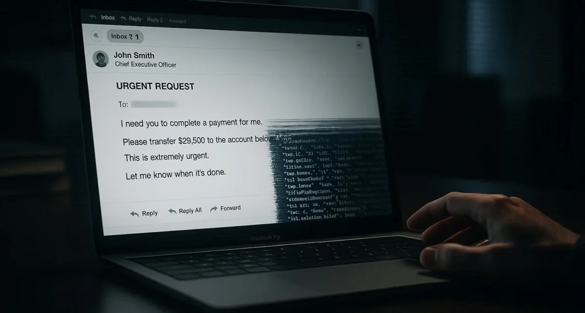 A laptop screen showing an urgent email from a CEO with code glitches, illustrating the AI forgery tactics driving the Email Phishing Evolution.