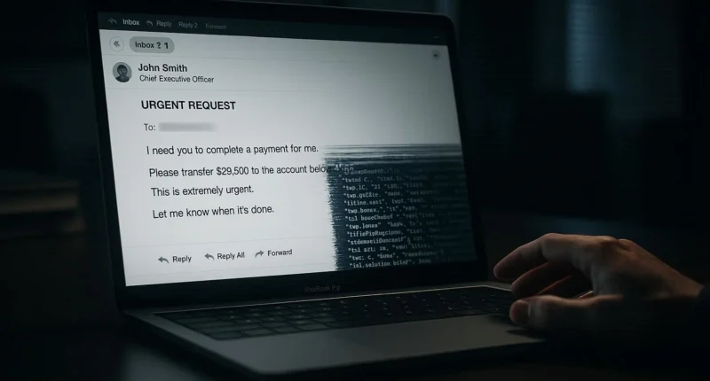 A laptop screen showing an urgent email from a CEO with code glitches, illustrating the AI forgery tactics driving the Email Phishing Evolution.