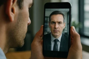 A man looking closely at his smartphone, which shows a realistic deepfake video call of his boss, symbolizing the advanced deception used in Email Phishing Evolution.