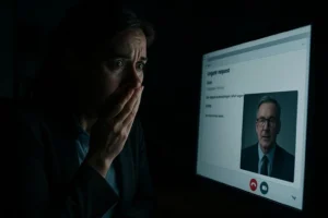 A female office worker in shock with her hand over her mouth, viewing a video call screen with a serious-looking executive, highlighting the emotional impact of the Email Phishing Evolution.