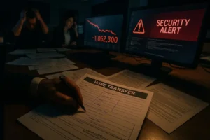 A close-up of a hand signing a wire transfer form in a frantic office, while computer screens show massive financial loss and security alerts, representing the devastating result of Email Phishing Evolution.