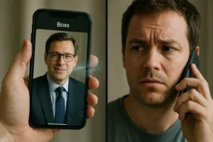 A split image showing a deepfake voice call of a boss on a phone beside a worried man on a real call, emphasizing the voice deepfake tactics of the Email Phishing Evolution.