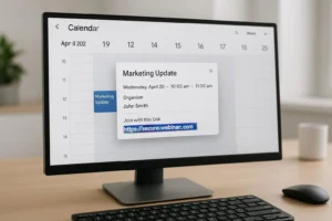 A digital calendar showing a meeting invite with a malicious external link, symbolizing the calendar invitation tactics and stealthy nature of the Email Phishing Evolution.