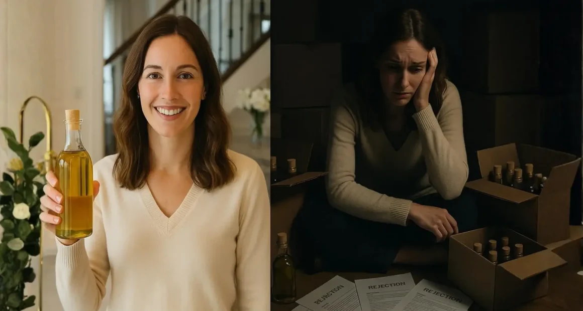 A split image contrasting a smiling woman happily holding an essential oil bottle with the same woman looking distressed amidst unsold oils and "REJECTION" letters, depicting the false hope versus harsh reality of essential oils MLM scams.