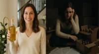A split image contrasting a smiling woman happily holding an essential oil bottle with the same woman looking distressed amidst unsold oils and "REJECTION" letters, depicting the false hope versus harsh reality of essential oils MLM scams.