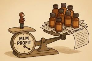 A person standing on one side of a scale labeled "MLM PROFIT" which is heavily outweighed by essential oil bottles and a long "EXPENSES" receipt, illustrating the financial imbalance in essential oils MLM scams.