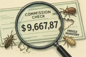 A magnifying glass over a "COMMISSION CHECK" showing a large amount, with bugs labeled "EXPENSES," "FEES," and "UNSOLD INVENTORY" eating away at it, exposing the true cost of essential oils MLM scams.