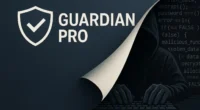 A professional security logo (Guardian Pro) peeling away to reveal a hooded hacker typing code underneath. This visually represents how fake antivirus software disguises itself as legitimate protection.