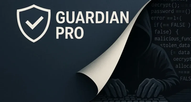 A professional security logo (Guardian Pro) peeling away to reveal a hooded hacker typing code underneath. This visually represents how fake antivirus software disguises itself as legitimate protection.