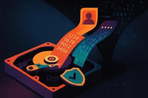 An illustration of a hard drive with personal data (credit card numbers, codes) flowing out, while a small security shield fails to protect it. This highlights the data theft caused by fake antivirus software.