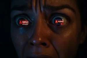 A close-up of a person's eyes showing fear, with reflected digital virus warnings superimposed over the eyes, representing the psychological exploitation central to fake antivirus software attacks.