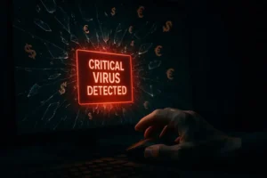 A hand hovering over a computer mouse with a screen displaying a flashing red "CRITICAL VIRUS DETECTED" pop-up, illustrating the initial panic and fear triggered by fake antivirus software scams.