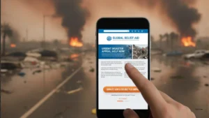 A hand holding a smartphone with a deceptive donation website, demonstrating how users are tricked by fake charity scams after a disaster.