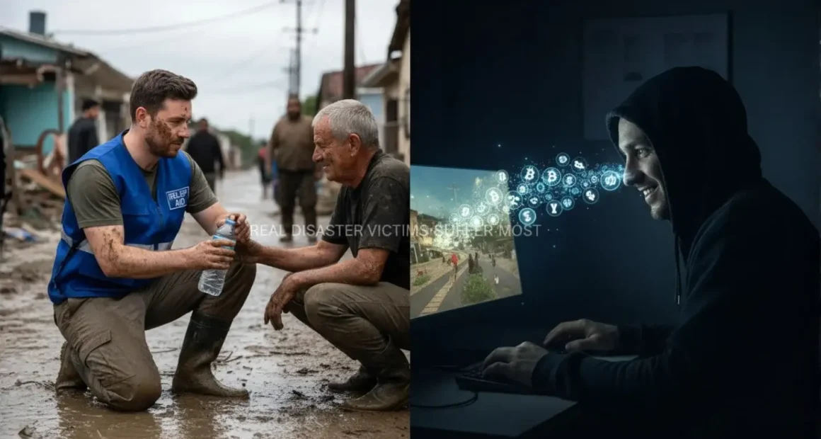 A split image comparing a legitimate relief worker helping a disaster victim with a hooded scammer profiting from fake charity scams online.