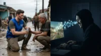 A split image comparing a legitimate relief worker helping a disaster victim with a hooded scammer profiting from fake charity scams online.
