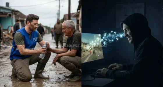 A split image comparing a legitimate relief worker helping a disaster victim with a hooded scammer profiting from fake charity scams online.