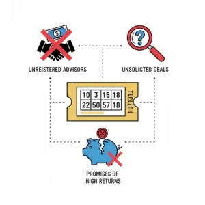 An infographic illustrating the red flags for lottery winners, showing how a ticket can lead to scams like unregistered advisors, unsolicited deals, and fake promises of high returns.