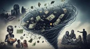 A dark vortex of money representing funds stolen by fake charity scams, surrounded by the suffering disaster victims who never received the aid.
