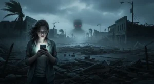 A woman in a disaster-stricken town looks at her phone, unaware of a shadowy predator looming behind her, symbolizing the hidden danger of fake charity scams.