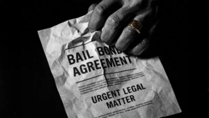 The deception of the lawyer/official in a grandparent scam. A well-dressed hand with a fake ring crumples a paper with bold text reading "BAIL BOND AGREEMENT" and "URGENT LEGAL MATTER."