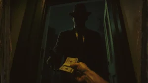 A victim of a grandparent scam hands over cash to a sinister, shadowy "courier" wearing a hat and suit at the doorway late at night, highlighting the physical collection of fraud money.