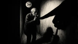 Grandparent scams demand secrecy. A terrified elderly person whispers into the phone in a dark room at 3 AM while a giant, shadowy hand makes a "shush" gesture, symbolizing the isolation tactic.