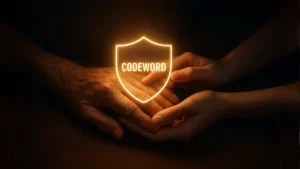 Prevention against grandparent scams. An elderly hand and a younger hand cup together, protecting a glowing, shield-shaped hologram with the word "CODEWORD" inside, representing family defense.