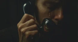 The emotional trap of a grandparent scam. A tear runs down an elderly person's face while a sinister, toothy grin is reflected in the phone receiver, symbolizing the hidden predator behind the emotional voice.