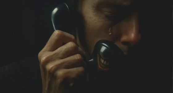 The emotional trap of a grandparent scam. A tear runs down an elderly person's face while a sinister, toothy grin is reflected in the phone receiver, symbolizing the hidden predator behind the emotional voice.