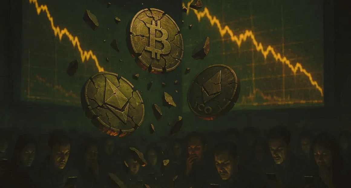 Shattered Bitcoin, Ethereum, and ICO coins falling as a financial chart crashes in the background, representing the collapse of 2017 crypto scams.