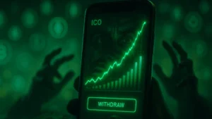A green-lit phone screen showing a fake ICO profit chart with a withdraw button, while shadowy hands reach toward it, symbolizing deception in crypto scams