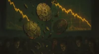Shattered Bitcoin, Ethereum, and ICO coins falling as a financial chart crashes in the background, representing the collapse of 2017 crypto scams.