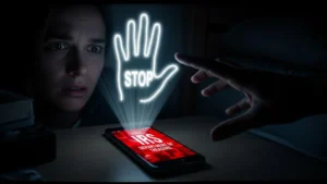 IRS tax scam warning and prevention. A person's scared face is illuminated by a phone screen displaying a red "IRS DEPARTMENT OF TREASURE" warning, with a holographic "STOP" hand signal preventing a hand from answering the call.