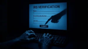 The digital trap of an IRS tax scam. Hands typing on a keyboard in the dark, pointed towards a computer screen displaying a fake "IRS VERIFICATION" form with a menacing shadow hand indicating the "SUBMIT" button.