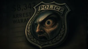 The terrifying psychological threat of an IRS tax scam. A police badge is stylized to reveal a frantic, fear-stricken human face trapped inside, with text reading "$8,347" and "ARREST WARRANT" subtly visible in the dark background.