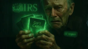 A victim of an IRS tax scam holds glowing green gift cards, the preferred payment method for scammers. An anxious elderly man looks on with a distressed expression, with a faint IRS logo in the background.