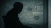 The aftermath of an IRS tax scam. A dark silhouette of a person sitting sadly, surrounded by floating dollar bills and notification bubbles with "SCAM ALERT!" and "Your account is at risk!", symbolizing financial and emotional loss.