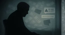 The aftermath of an IRS tax scam. A dark silhouette of a person sitting sadly, surrounded by floating dollar bills and notification bubbles with "SCAM ALERT!" and "Your account is at risk!", symbolizing financial and emotional loss.